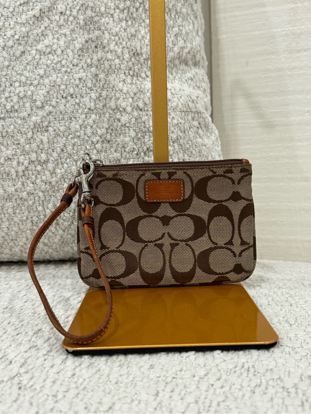 Coach Brown Signature Canvas Wristlet with Leather Strap